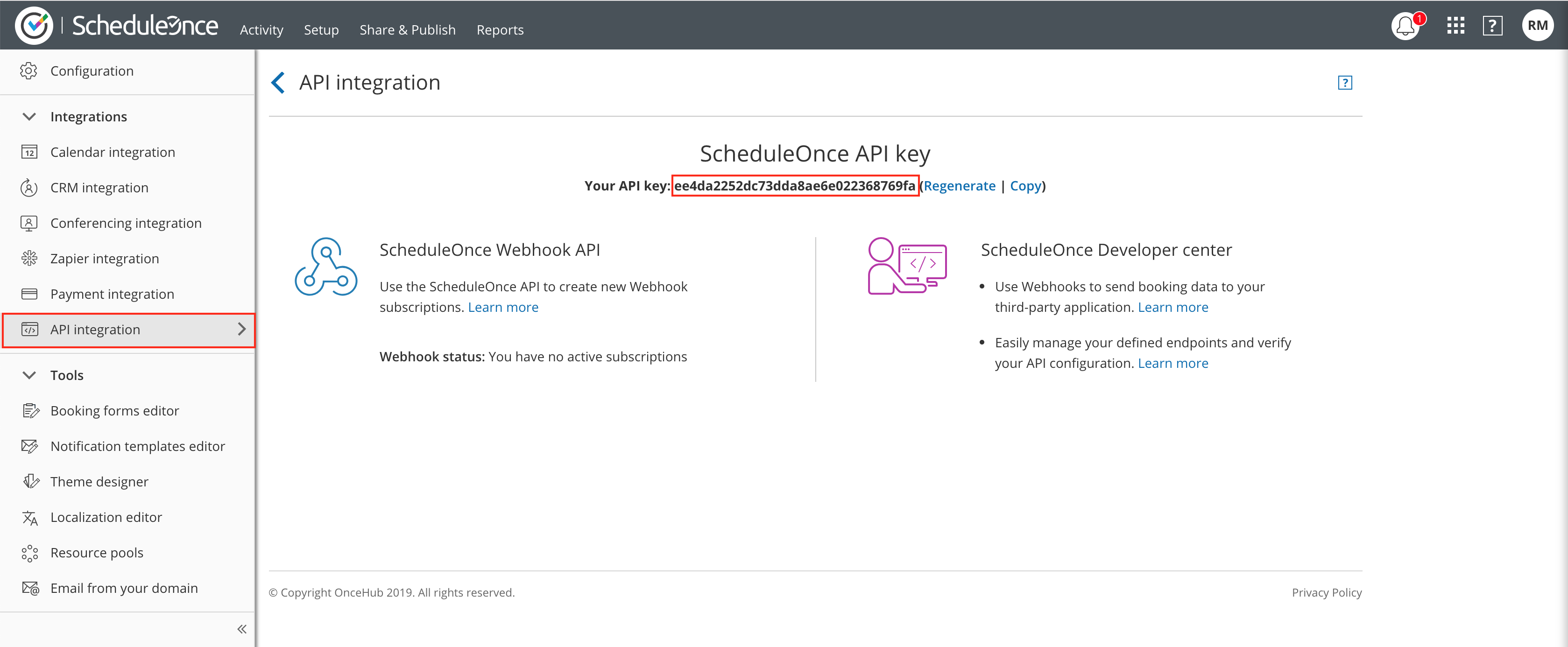 API key in the API integration page